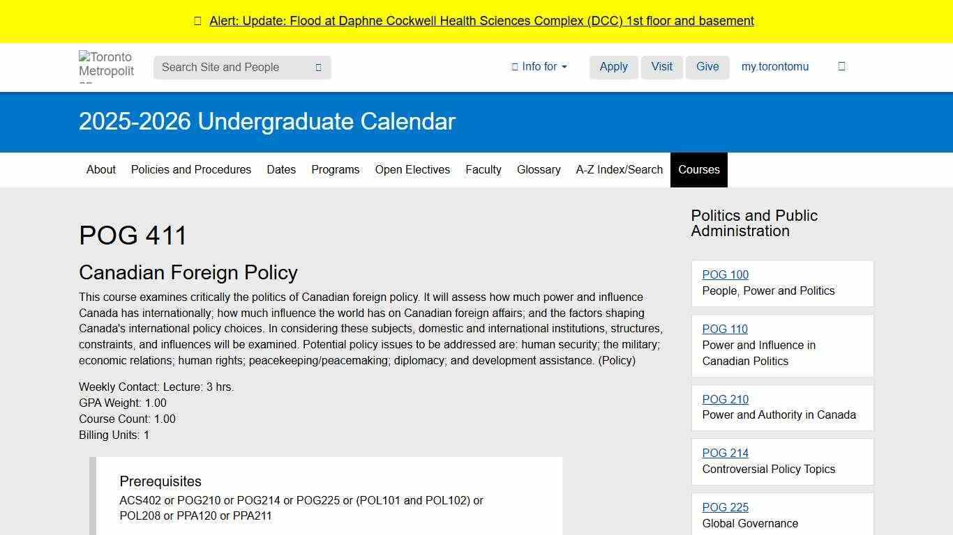 POG 411 - Canadian Foreign Policy - 2025-2026 Calendar - Toronto Metropolitan University (TMU)
